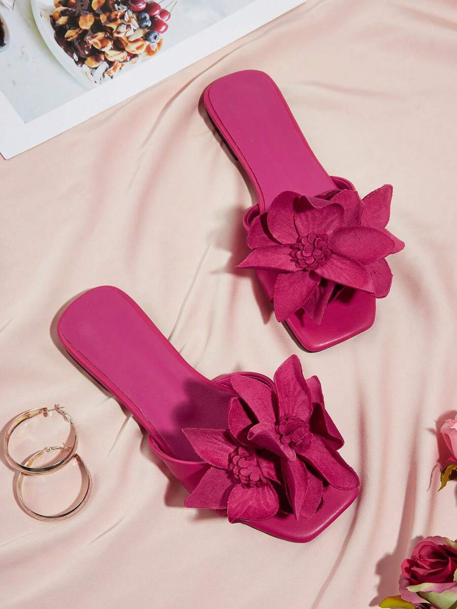 Casual Vacation Elegant Floral Rose Pink Square Toe Flat Sandals Slippers Valentines,Spring Summer Outfits - Hot Pink - View 1