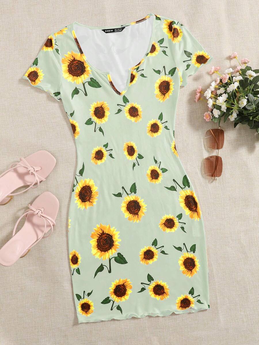 Soleia Vestido Entallado Con Cuello Cortado Y Estampado De Girasoles - Multicolor - Ver 1