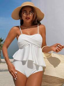SHEIN Swim Simple Summer Beach Vacation Flounce Trimmed Decorated Strap Tankini Set