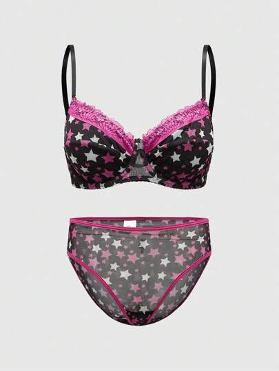 J-Fashion Shibuya Gal Five-Pointed Star & Lace Patchwork Sexy Mesh Lingerie Set