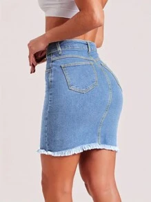 Tight-Fitting Pencil Denim Skirt With Frayed Hem