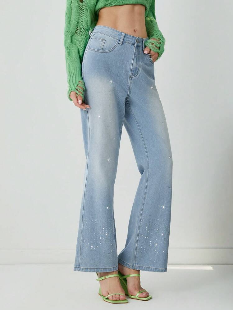 Women Casual Everyday With Diamond Decoration Flared Jeans