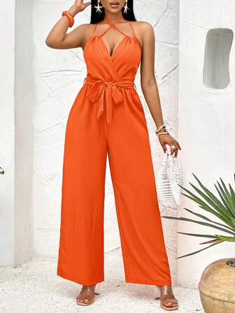 V-Neck Halter Belted Sleeveless Flared Jumpsuit For Holiday Spring/Summer Outfits