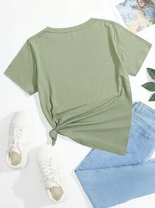 Camiseta de manga corta casual de verano para niña adolescente con estampado de sol y letras - Verde Oliva - Ver 2