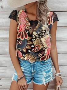 SHEIN LUNE 女士羽毛印花拼接刺繡網眼方領衫，夏季假日風格 - 彩色 - 查看 4