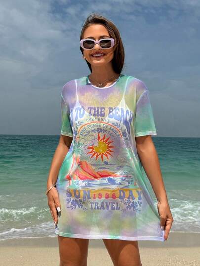Swim Vcay 女士沙滩裙 夏季海滩女士彩色印花圆领罩衫上衣