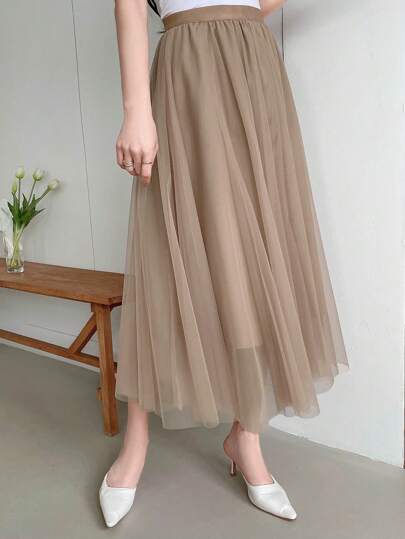 DAZY Women Solid Color Lightweight Mesh Flare Skirt For Summer,Back To School Clothes