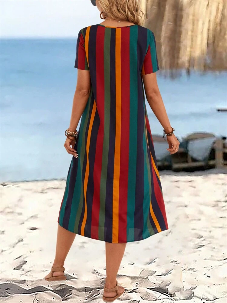 Vestido casual con bloques de color y rayas para vacaciones en la playa