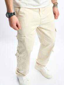 Manfinity Hypemode Quần Jeans Jeans Ống Thẳng Phong Cách Đa Năng Thường Ngày Cho Nam, Quần Jeans Cargo Ống Thẳng Dài Trơn, Dành Cho Chồng, Quà Tặng Bạn Trai - Màu be - Xem 4