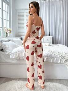 Women Heart Printed Camisole And Long Pants Pajama Set