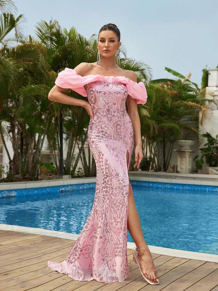 Elegant Off Shoulder Bow Detail Bow Design 3D Puffy Sleeves, Fine Beads And Fish-Tail Cutting, Sexy Slit And Train Heavy Work Dinner Party Dress