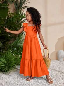 SHEIN Leap Crew SLAYR KIDS Young Girl Chiccola Music Festival Woven Solid Color Square Neck Sleeveless Dress  Ruffle,Summer Dress Holiday Outfits - Orange - View 4