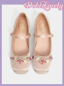 Dola Lovely Apricot Mary Jane Women Shoes With Flower Decor, Low Vamp, Square Toe, Fashionable Ladies Flat Shoes For Summer Spring Shoes Spring Break Easter