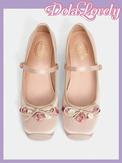 Dola Lovely Zapatos tipo Mary Jane de mujer color albaricoque con decoración floral, escote bajo, punta cuadrada, zapatos planos de moda para mujer para verano, Navidad, otoño, Año Nuevo, Día de San Valentín