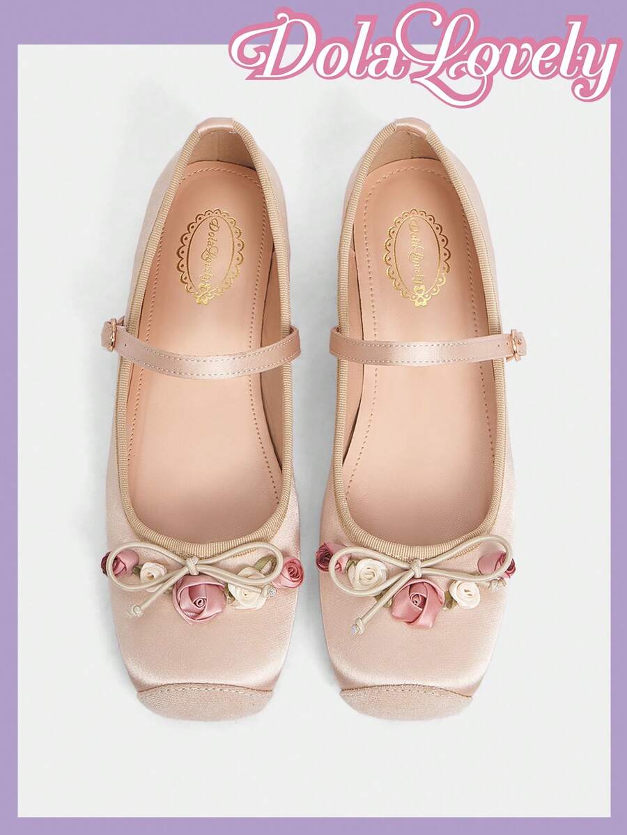 Dola Lovely Apricot Mary Jane Women Shoes With Flower Decor, Low Vamp, Square Toe, Fashionable Ladies Flat Shoes For Summer Spring Shoes Spring Break Easter