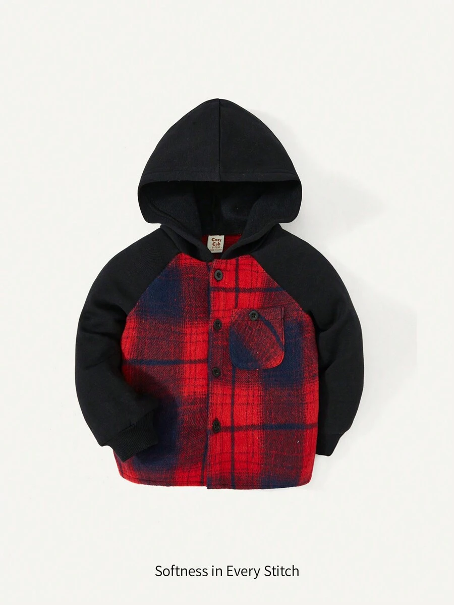 Cozy Pixies Baby Boy Plaid Print Raglan Sleeve Hooded Coat - Multicolor - View 1