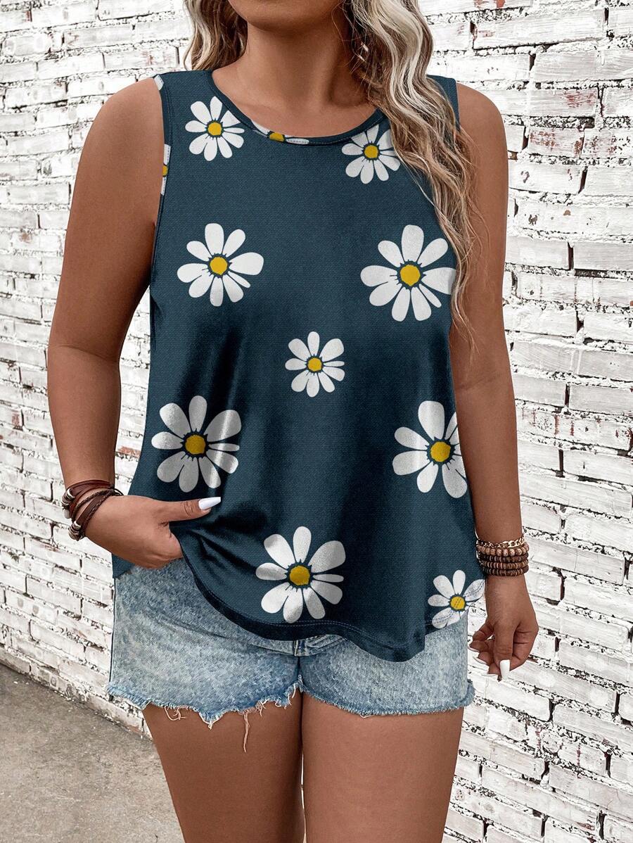EMERY ROSE Plus Size Floral Patterned Summer Casual Tank Top - Blue - View 1