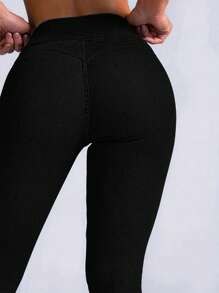 High Waist Button Up Skinny Jeans - Women's Autumn Clothing - Black - View 4