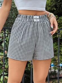 SHEIN EZwear Summer Plaid Print Patch Detail Baggy Shorts - Black and White - View 5