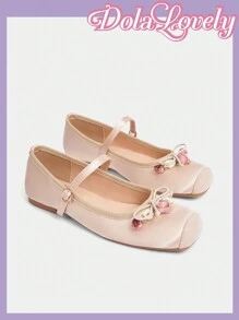 Dola Lovely Apricot Mary Jane Women Shoes With Flower Decor, Low Vamp, Square Toe, Fashionable Ladies Flat Shoes For Summer Spring Shoes Spring Break Easter