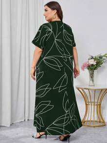 Plus Size Women Simple Line Printed Casual Summer Beach Dress - Dark Green - View 2