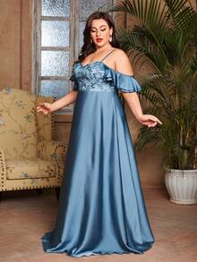 Spaghetti Strap Embroidered Ruffle Lace Patchwork Satin Dress - Blue - View 3
