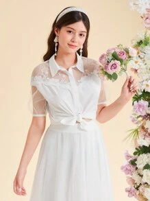 Áo sơ mi cài nút dệt lưới ren tan trong phong cách nghỉ mát cho bé gái tuổi teen - trắng - Xem 4