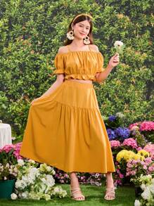 Teen Girl Holiday Frill Edge Decorated Top And Skirt Two Pieces Set - Yellow - View 5