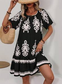 SHEIN LUNE Round Neck Short Sleeve Dress With All-Over Print - Multicolor - View 3