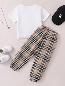 SHEIN Bộ đồ hai mảnh dành cho trang phục thường ngày hàng ngày của các chàng trai trẻ, với tay áo ngắn và quần sọc, mát mẻ, thoáng khí, đẹp trai và thích hợp cho mùa hè. - Màu Khaki - Xem 2