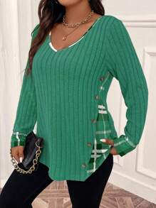 SHEIN LUNE Plus Size Kẻ sọc chắp vá Áo thun dệt kim dài tay đơn giản hàng ngày - Màu xanh Bạc hà - Xem 4