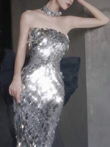 Váy suông hở vai lấp lánh cho nữ có nơ bướm phía sau, hoàn hảo cho các bữa tiệc, trang trọng, dạ hội, tiệc cưới, tốt nghiệp, tiệc tối - Bạc - Xem 6