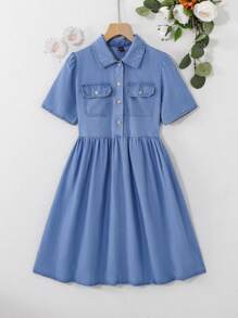 Vestido de mezclilla ligero y informal holgado para niñas preadolescentes de colores claros