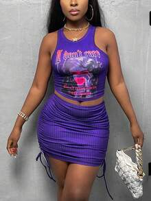 Quý cô Mùa xuân/Mùa hè Mới Chân dung Punk Gợi cảm Buổi tiệc Phong cách Thoải mái Áo vest Dây rút Bộ váy - Màu tím - Xem 4