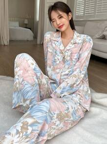 DAZY Conjunto de pijama floral estampado sencillo para mujer