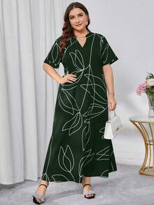 Plus Size Women Simple Line Printed Casual Summer Beach Dress - Dark Green - View 3