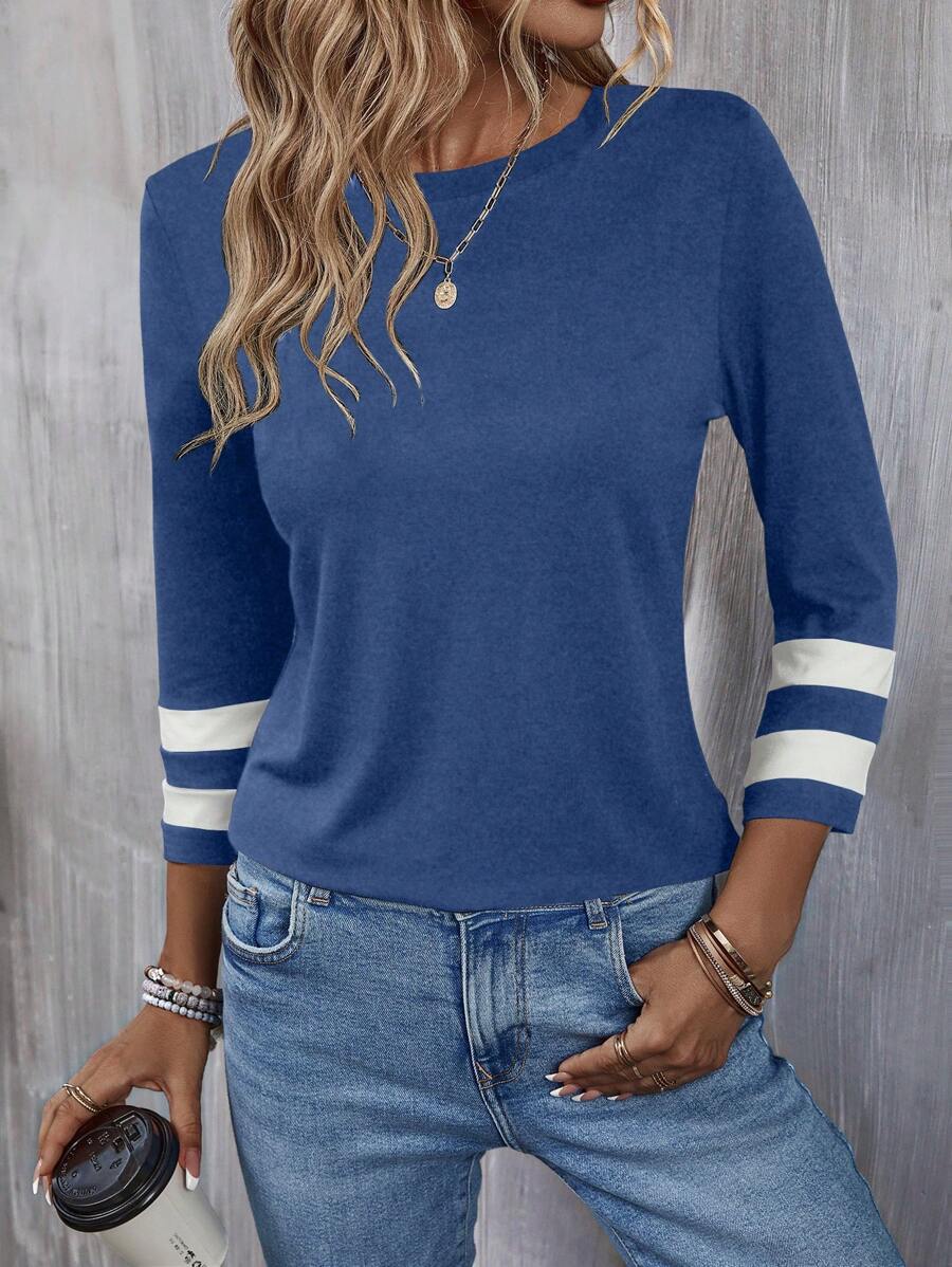 EMERY ROSE Women Fashion Casual Color Block Round Neck All-Match T-Shirt Graphic Tees Women Tops