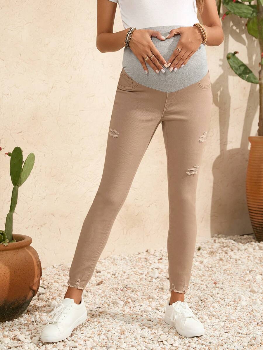 Maternity Ripped Skinny Jeans With Frayed Hem - Apricot - View 1