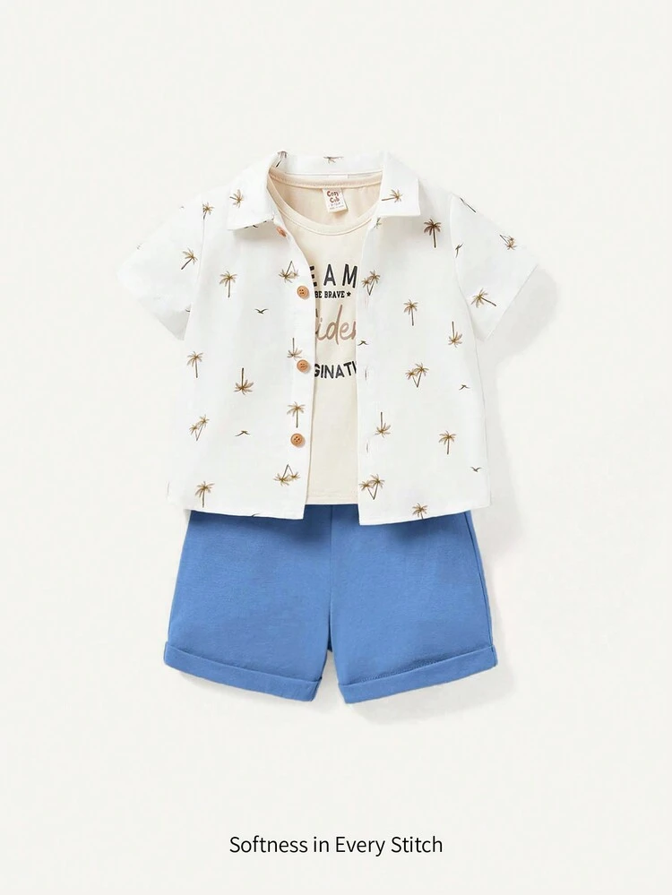 3pcs Baby Boy's Letter Print Round Neck T-Shirt, Palm Tree Pattern Shirt And Solid Color Shorts Set