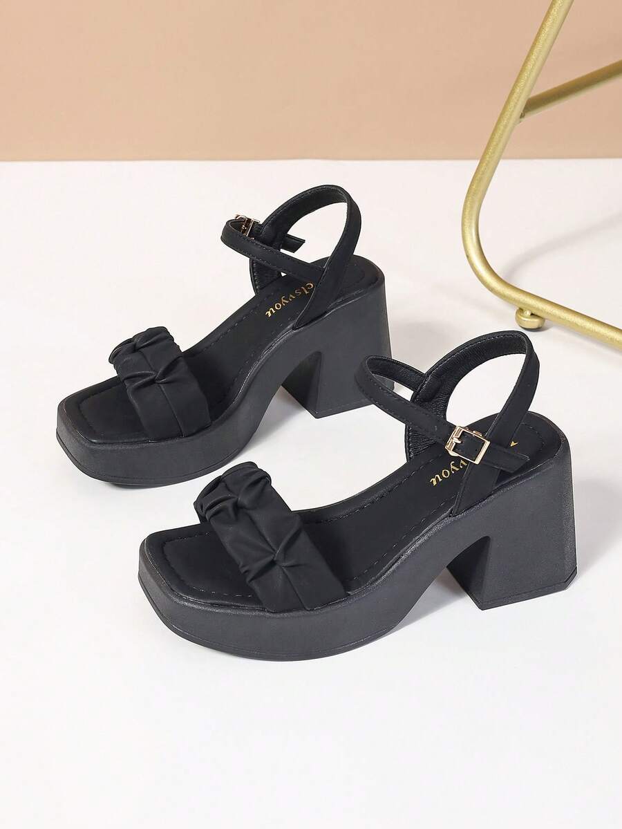 Giày sandal đế xuồng đế xuồng cho thanh thiếu niên mùa hè có gót khoét rỗng, ngọc trai giả, khóa quai, đế dày, thời trang, phong cách đại học, thường ngày, ngày lễ, du lịch, trang phục ngoài trời hàng ngày - màu đen - Xem 1