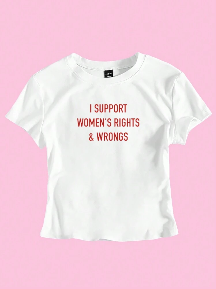 SHEIN Unity Women's Short Sleeve T-Shirt With Slogan Print, I SUPPORT WOMEN'S RIGHTS WRONGS Graphic Tees Women Tops - White - View 3