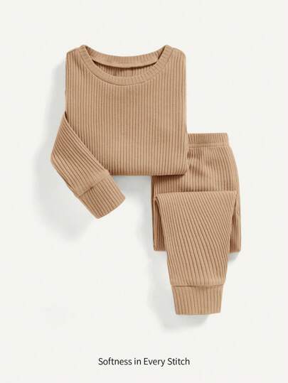 Cozy Pixies Baby Boy Snug Fit Casual Solid Color Round Neck Top And Long Pants Home Clothing 2pcs/Set