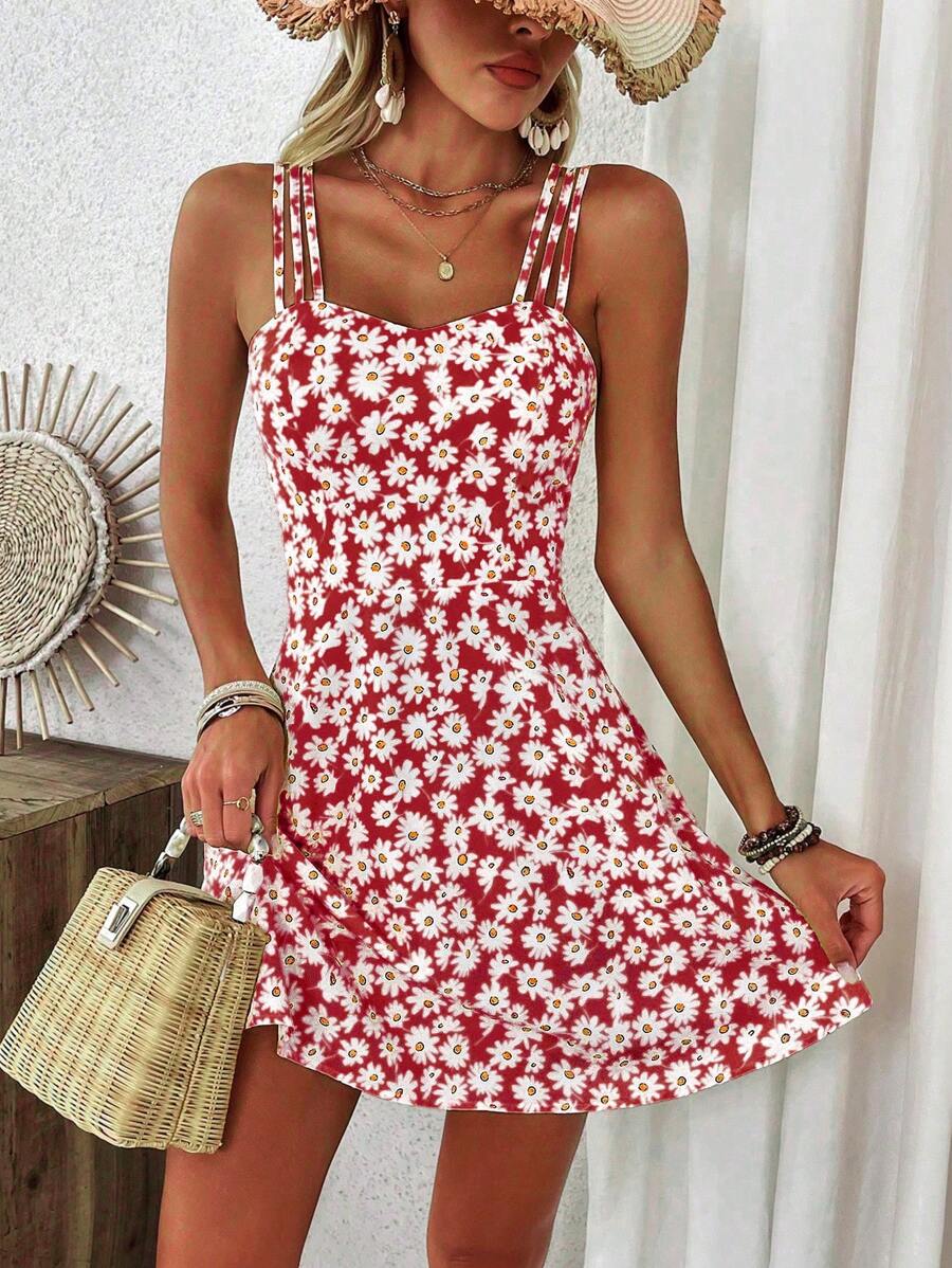 Breezaya 女士黃色花卉印花細肩帶連身裙 - 紅色 - 查看 1