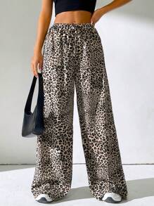 SHEIN EZwear Pantalones Largos Para Mujer Con Estampado De Leopardo Y Cordón De Ajuste