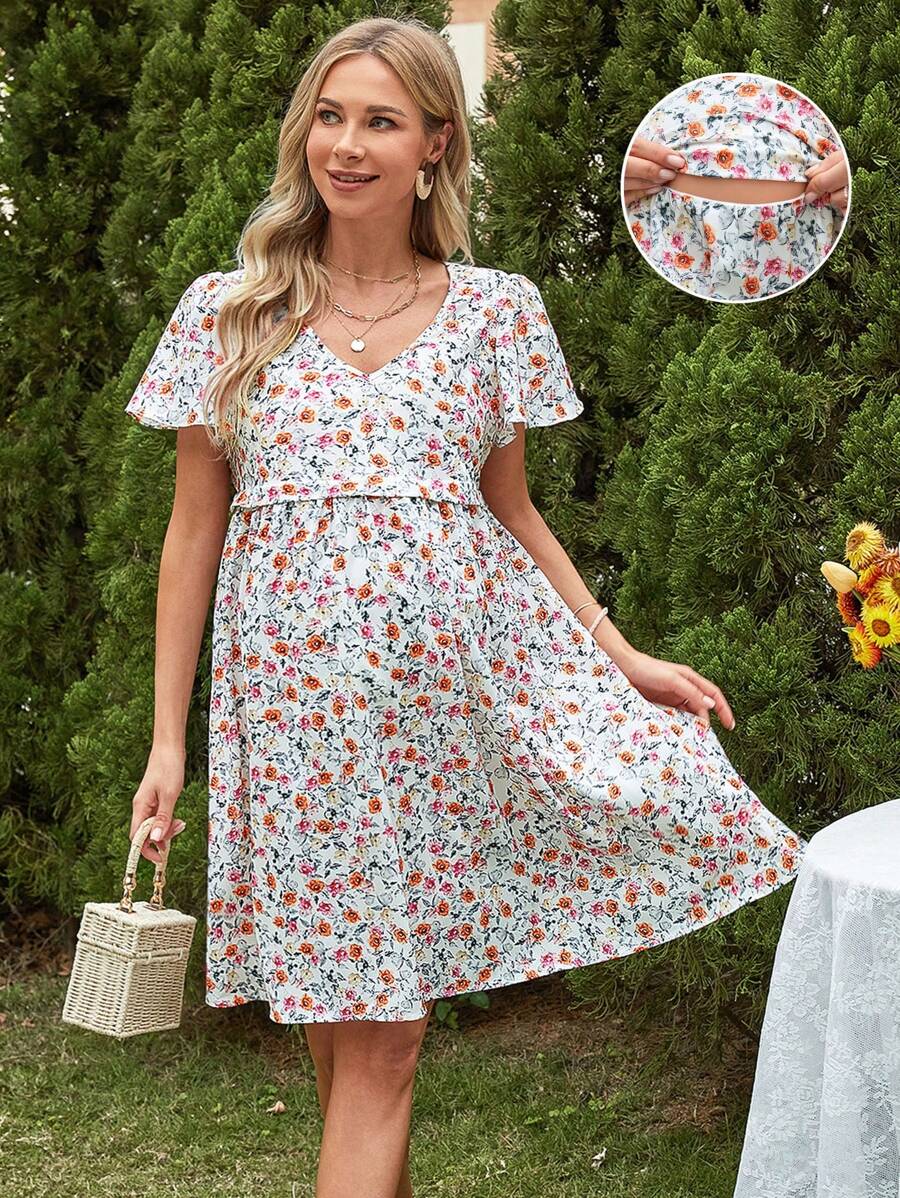 SHEIN Váy cho con bú in họa tiết thời trang mùa hè ngọt ngào dành cho bà bầu - Nhiều màu - Xem 1