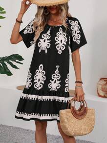 SHEIN LUNE Round Neck Short Sleeve Dress With All-Over Print - Multicolor - View 6