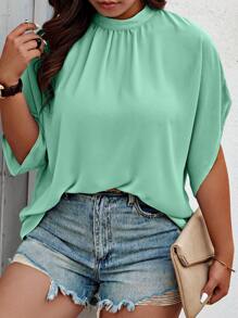 Celure Chemise Casual à manches chauve-souris unicolore taille plus avec col rond et lien pour printemps/été