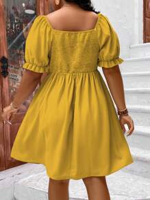 Celure Plus Size Summer Solid Color Square Neckline Puff Sleeve Dress - Yellow - View 2