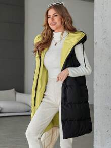SHEIN Cottnline Ladies' Solid Color Zipper Hooded Mid-length Vest Padded Jacket - Black - View 1