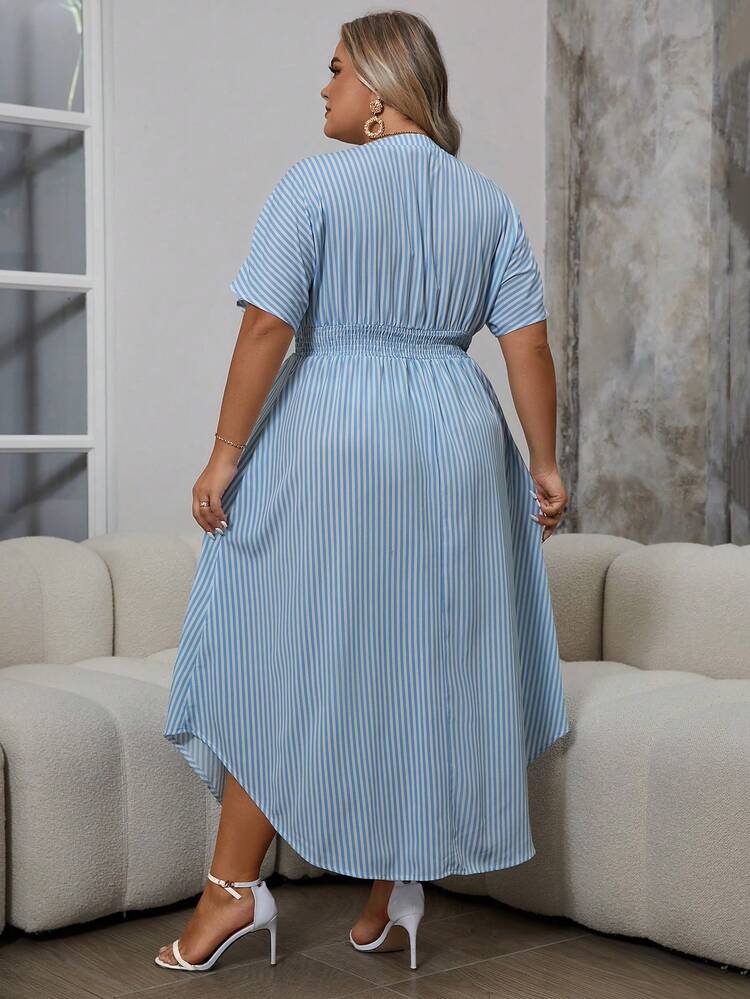 Plus Size Women Waist Cinched Striped V-Neck Summer Dress